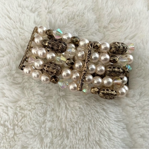 Vintage Faux Pearl Bronze Tone Beaded Stretch Bracelet Statement Jewelry - Picture 1 of 6